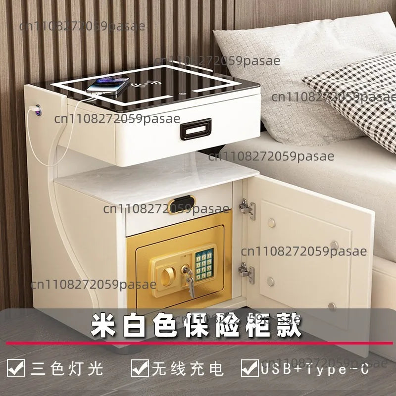Smart Bedside Table With Wireless Charging LED Light Modern Bedroom Storage Cabinet Safe Home Furniture Oasis Select White 40x45x58cm