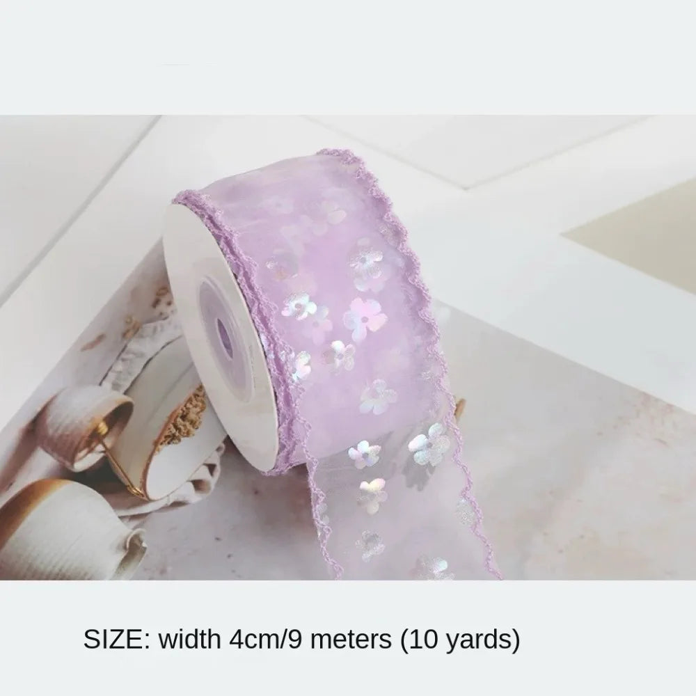 New 10 Yards Silk Ribbon Gift Wrapping Bouquets 4cm Gifts Packaging Material Wave Edge Pleated Chiffon Ribbon Oasis Select Purple L