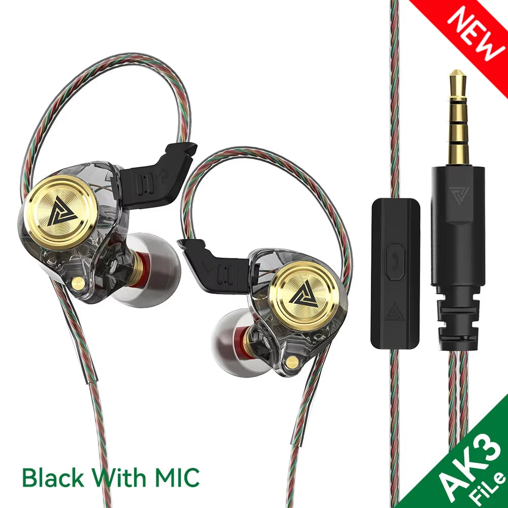 QKZ AK3 FiLe Wired Earphone with Microphone HiFi Music Monitor Bass Headphones Noise Cancelling Headset For Sport Gaming Earbuds Oasis Select AK3 FiLe Black (New)