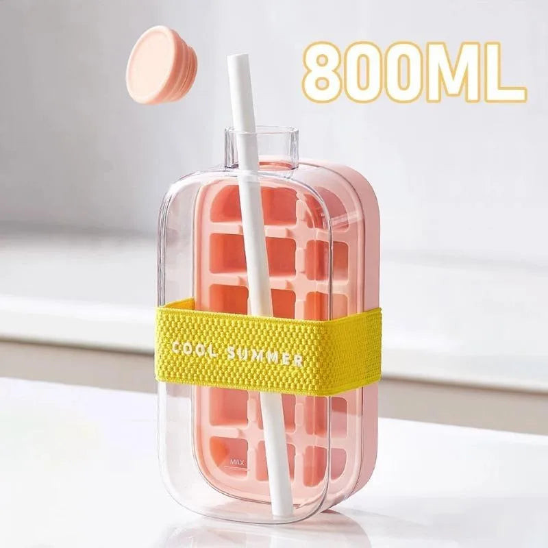 500/800ml 2in1 Ice Cube Tray with Water Bottle Press Type Portable Ice Maker High Capacity Ice Mold for Home Kitchen Summer Use Oasis Select Pink-800ml