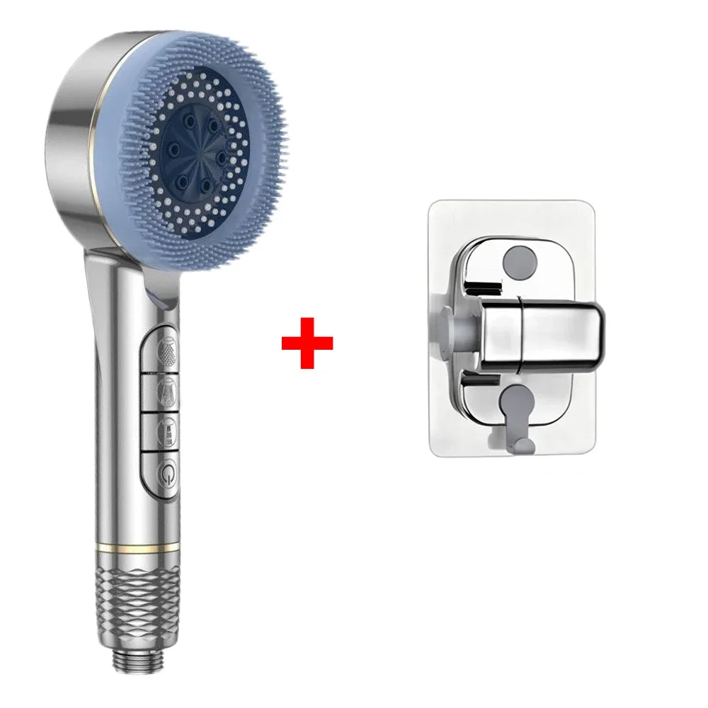 4 Modes Self-cleaning Shower Head with Silicone Brush One-Key Stop Water Massage High Pressure ABS Showerhead with Filter Oasis Select Silver Base Set