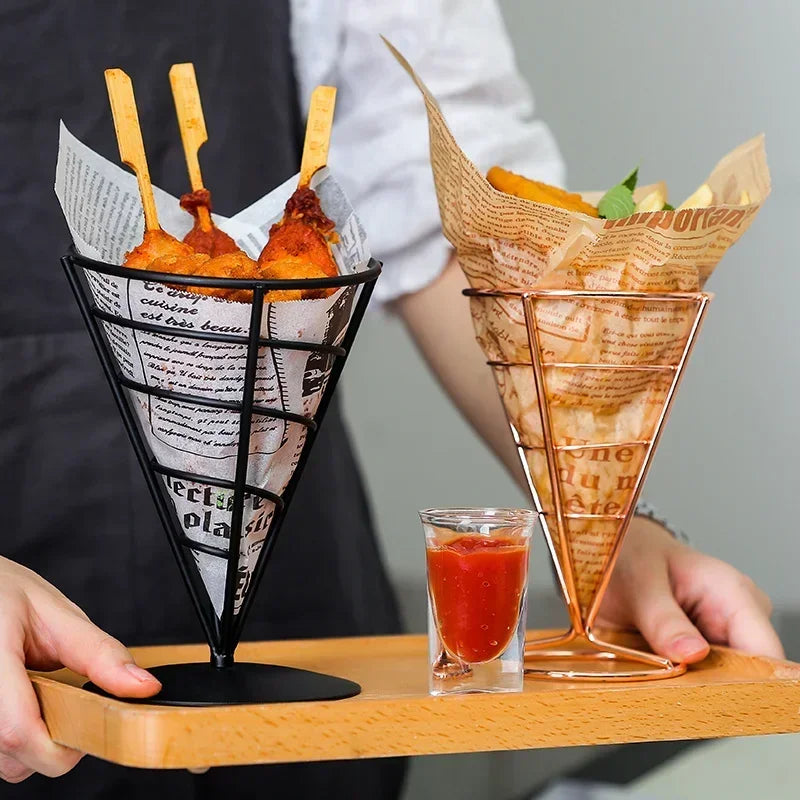 Fries Stand Fried Chicken Display Rack Stainless Appetizers Stand Cone Baskets Sauce Salad Dipping Cup Kitchen Party Tool Oasis Select
