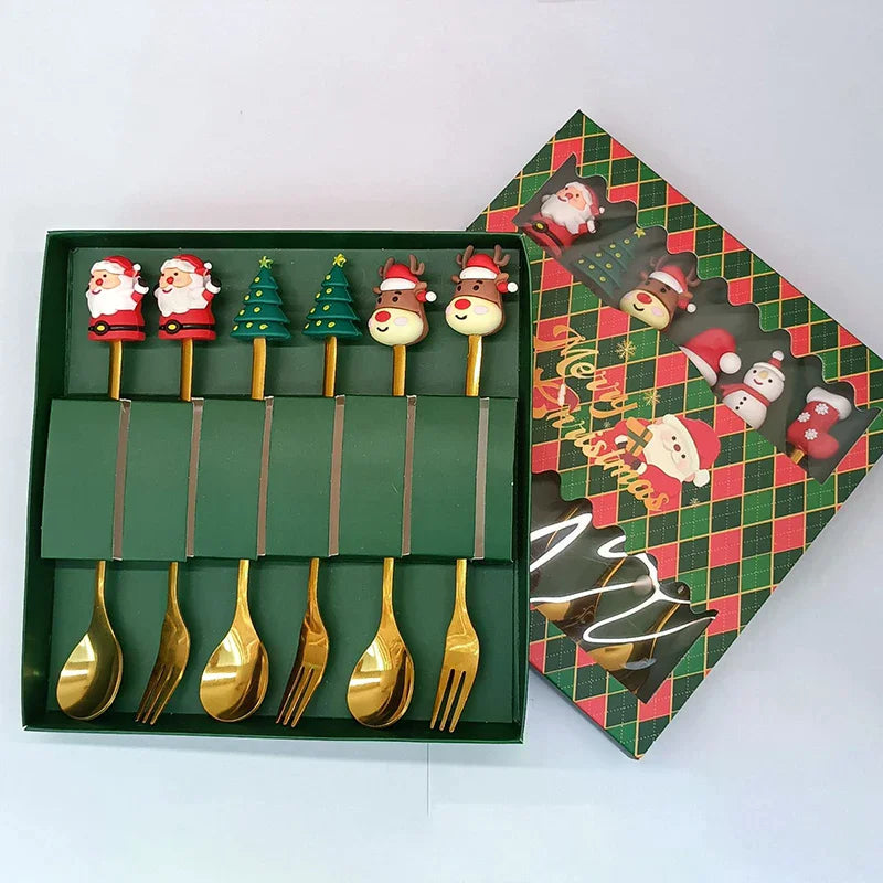 Stainless Steel Christmas Dessert Spoons Cake Forks with Cartoon Christmas Tree Elk Design - Set of 1/2/4/6 - Gift Box Included Oasis Select