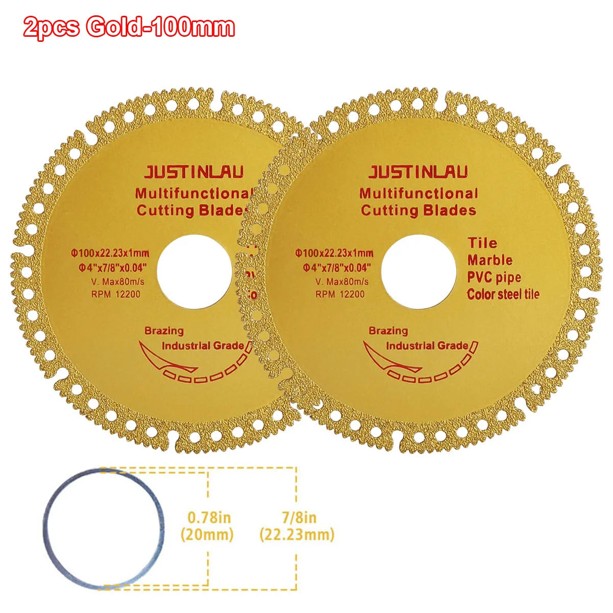 JUSTINLAU Multifunctional Cutting Piece Sheet Disc Tile Rock Plate Metal Marble Machine Angle Grinder Dry Slice Emery Saw Blade Oasis Select 2pcs Gold-100mm