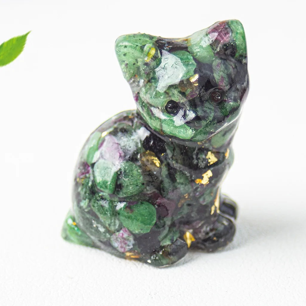 Natural Crystal Gravel Resin Sitting Turning Face Cat Figurine Gold
