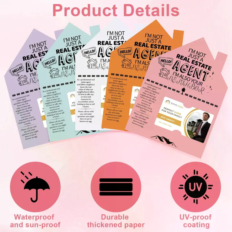 50-Pack Real Estate Agent Cards Kit-House-Shaped Cards (5x7") Business Card Slot-5 Colors-Open House Marketing Supplies For Real Oasis Select