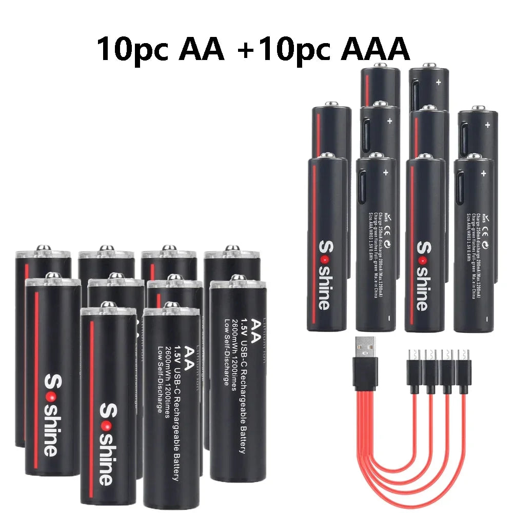 Soshine USB Lithium-ion 600mWh 1.5V AAA Rechargeable Batteries+2600mWh 1.5V AA Battery Li-ion AA and AAA Rechargeable Batteries Oasis Select 10pc AAAand AA 1.5V