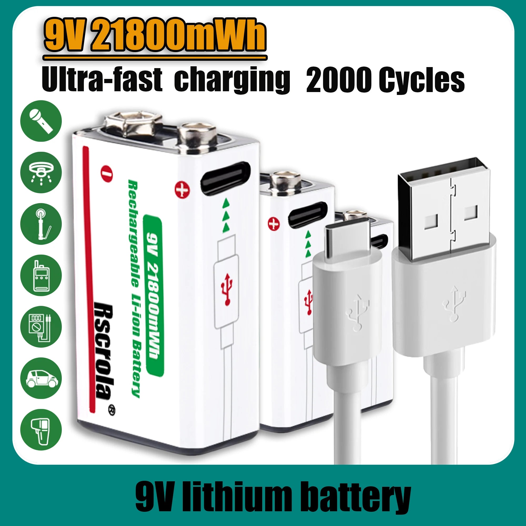 Long-Lasting 9V Lithium Ion Rechargeable Battery 21800mWh High Capacity for Guitar Microphone Smoke Detector Pedal with Cable Oasis Select