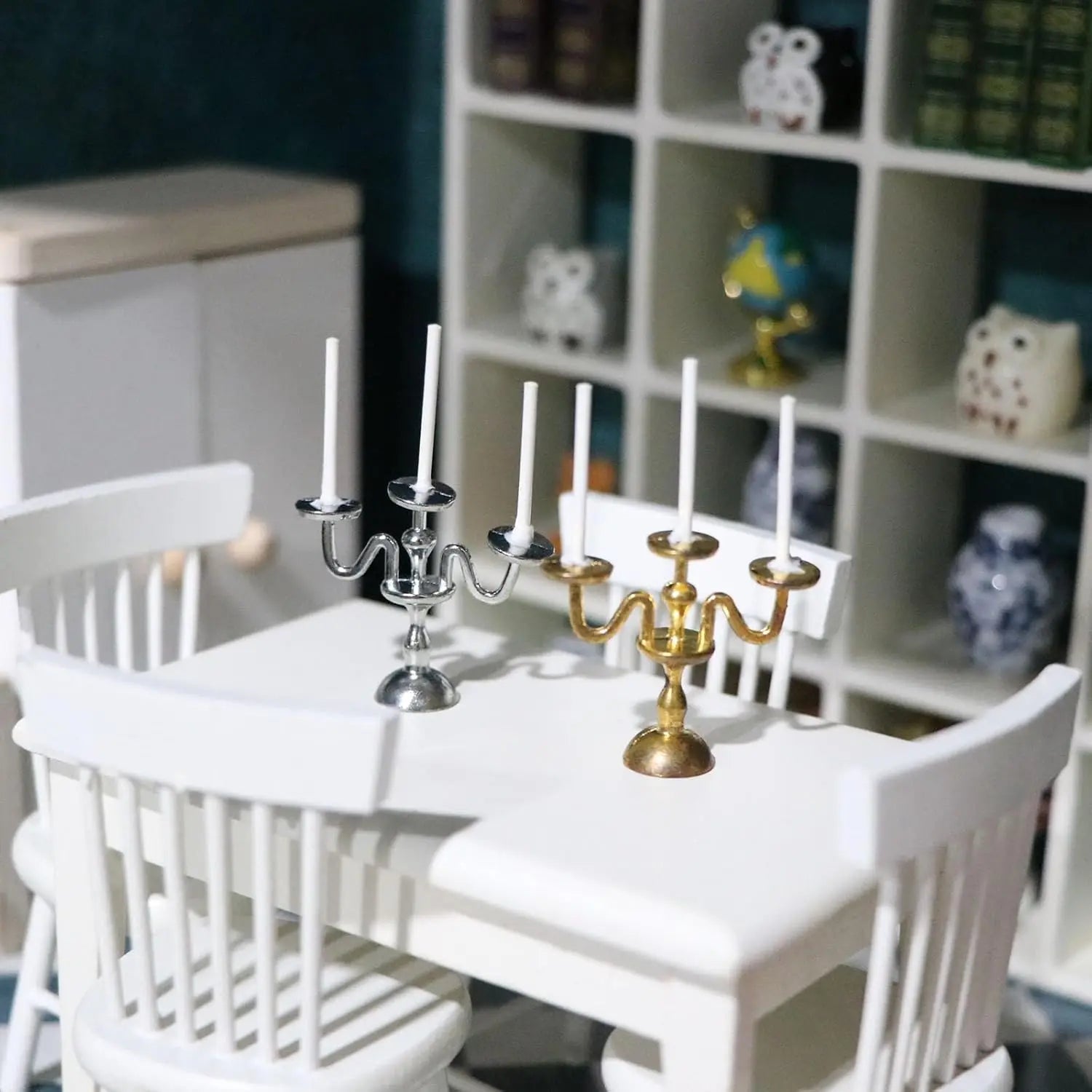 1/2 PCS Vintage 3-Arm Candelabra with Candles – 1:12 Miniature in Gold/Silver for Dollhouse, Fairy Garden & Micro Landscapes Oasis Select