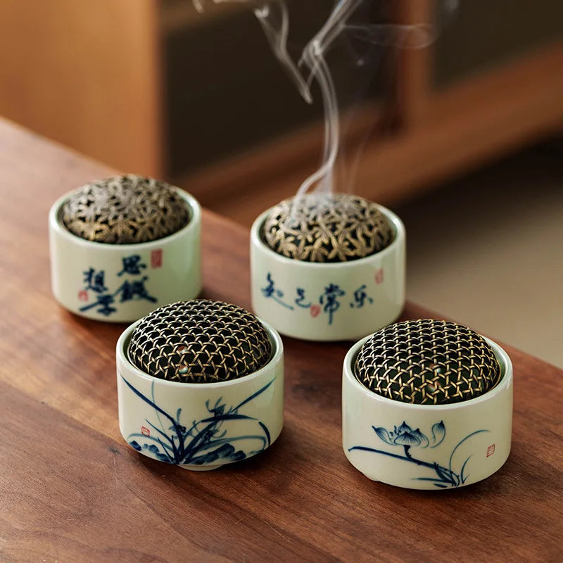 1pcs Retro Chinese Incense Burner Blue White Porcelain with Hand-painted Landscape Indoor Desktop Aroma Ornament for Home Use Oasis Select