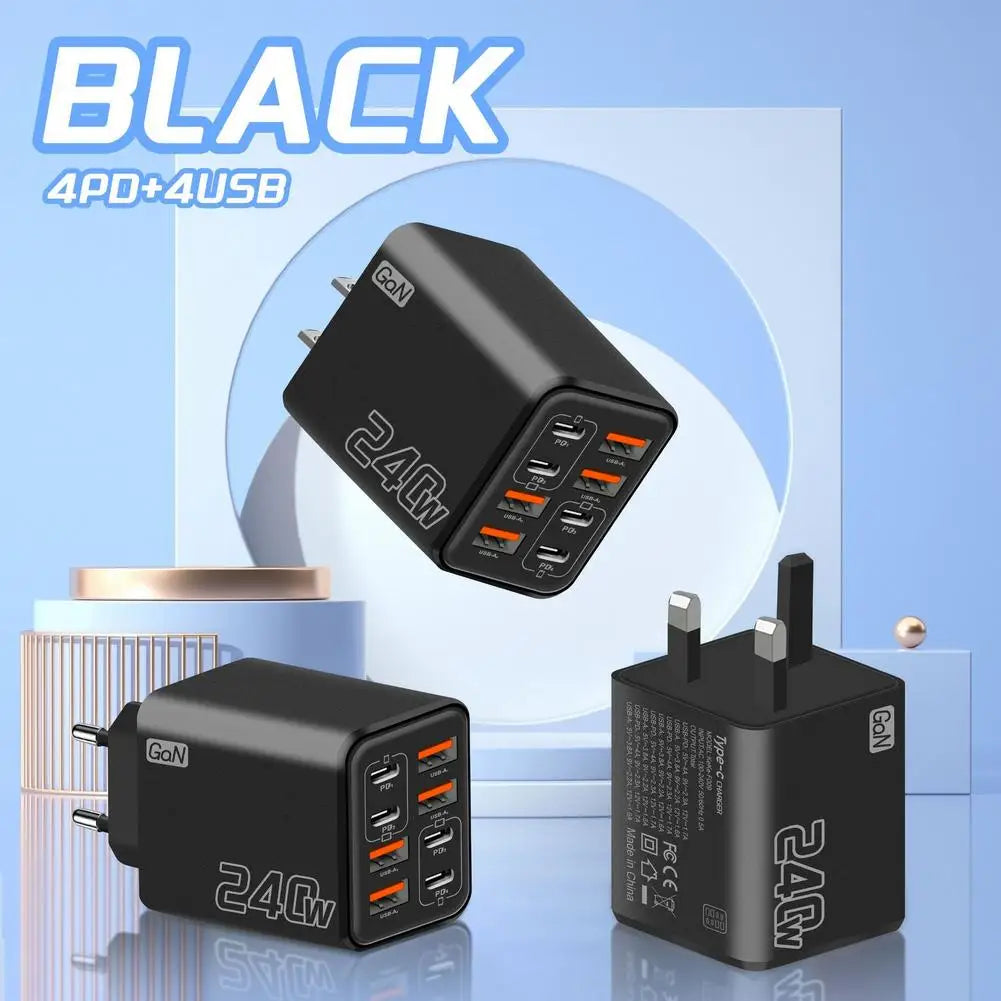 240W 8-Port GaN USB-C PD Wall Charger – Travel Adapter US EU UK