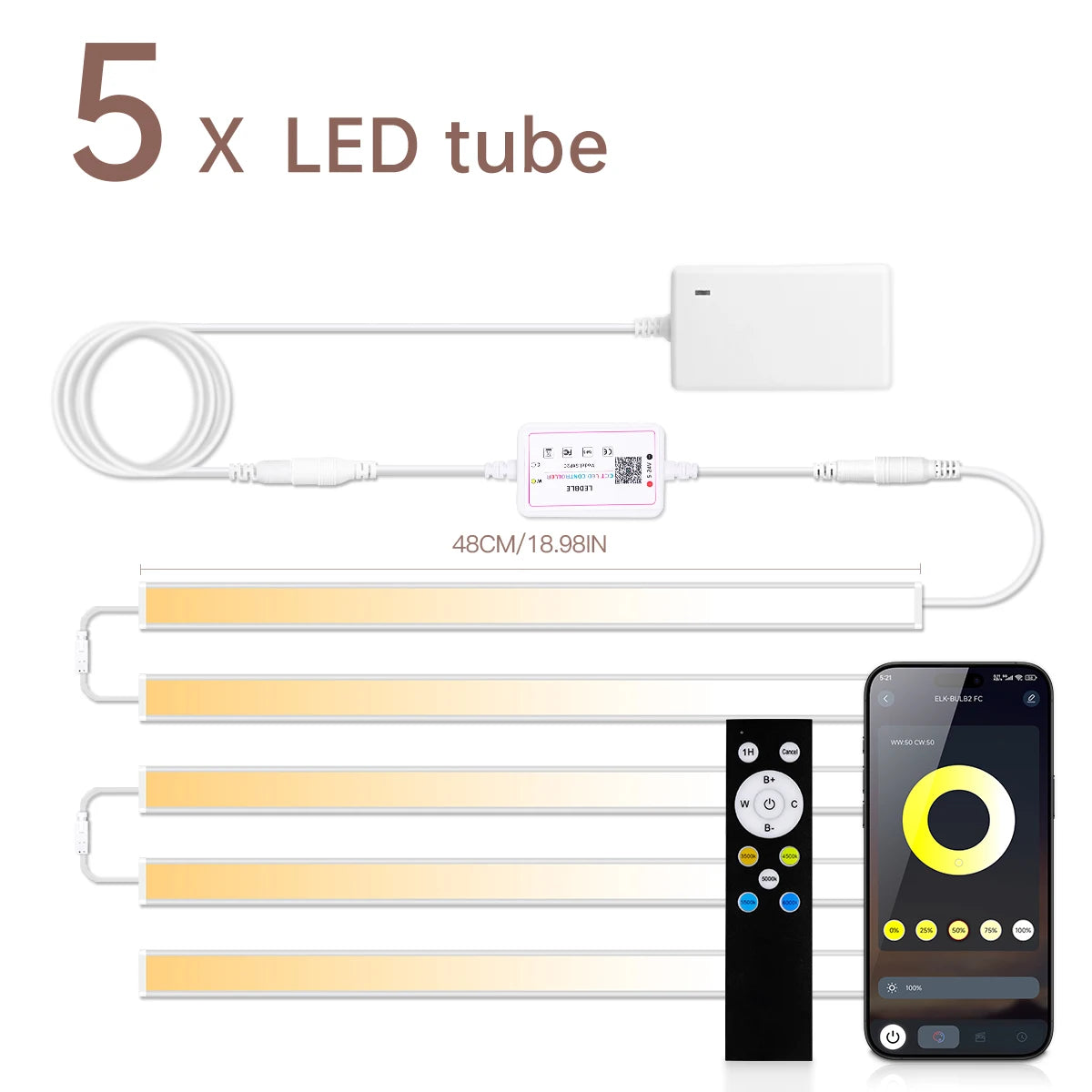 1-10pc Dimmable CCT LED Light Bar Cabinet Lighting 48CM 2700K-6500K Aluminium Tube Bluetooth APP Control Above the Stove Sink Oasis Select European Power Plug 5Pcs LED Bar