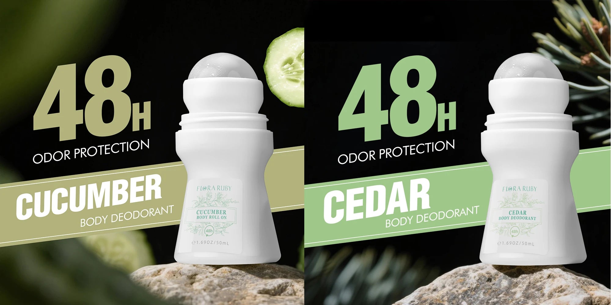 2PCS Flora Ruby Light Green Series Deodorant Roll On All-purpose Deodorant Roll Aluminum Free Easy To Carry 50g Oasis Select 2 Pcs 1