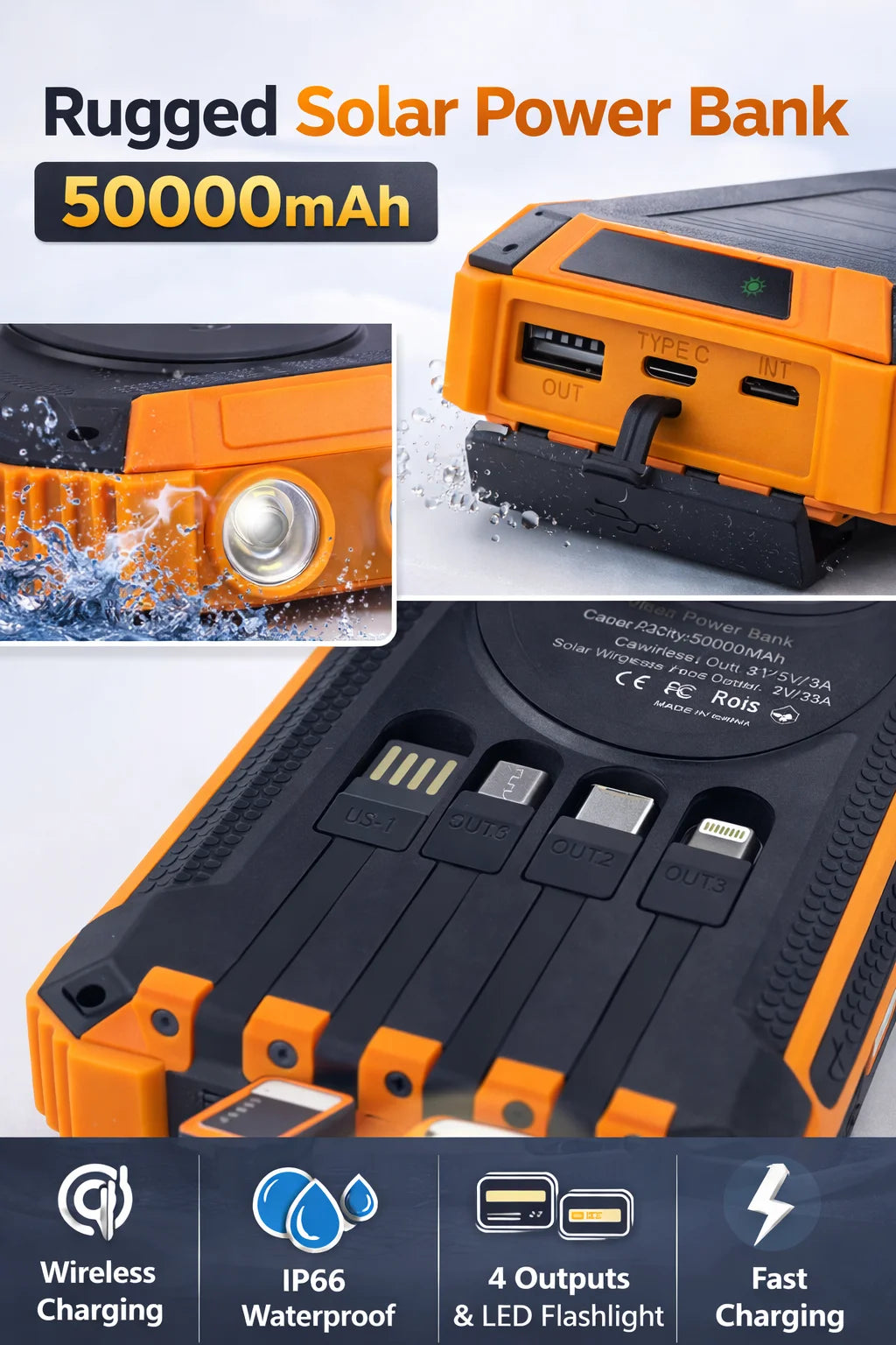 Solar Power Bank 50000mAh IP66 Waterproof Charger/4 Outputs/QI Wireless Charging/Powerful Flashlight for Hiking Travel、Outdoor Oasis Select