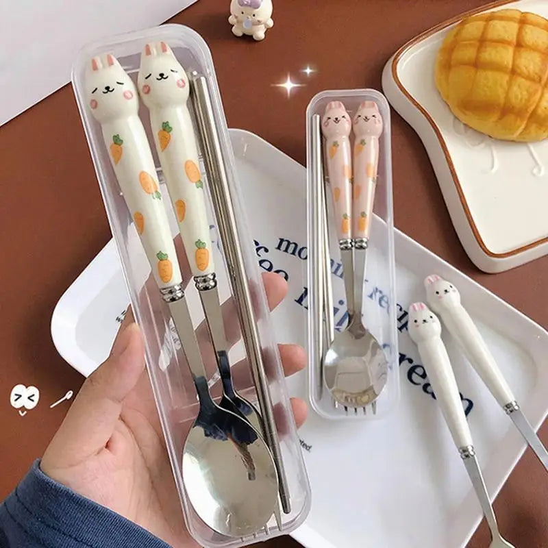 Cute Cutlery Set Cartoon Bunny Stainless Steel Cutlery Kit Mirror Polished Flatware Sets Spoon and Fork Set in Storage Box Oasis Select