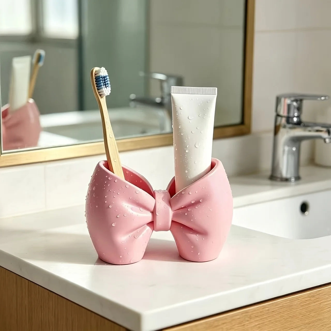 Plastic Toothbrush Holder, Cute Bow Design, Perfect for the Bathroom or Bedroom - Cute Toothbrush and Pen Display Stand Oasis Select Pink