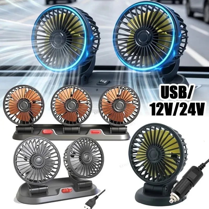 1/2/3 Head Car Fan Summer Air Fan USB/12V/24V Fan Cooler Adjustable 2 Speeds Silent Fan for Home Desk Office&Car Air Fan Oasis Select