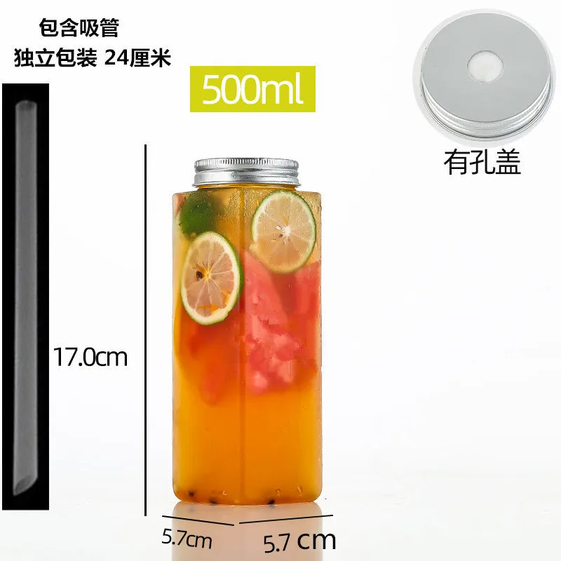 10 Pack 500ml Square Clear PET Bottles with Lids & Straws, Reusable Leakproof Cups for Milk Tea Juice Takeout Party Celebrations Oasis Select 500ml 10pcs
