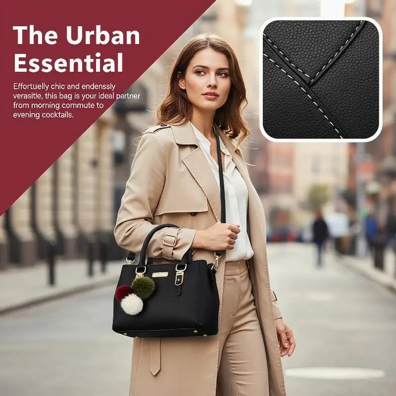 Women's PU Leather Tote Bag | Pom-Pom Crossbody Shoulder Handbag