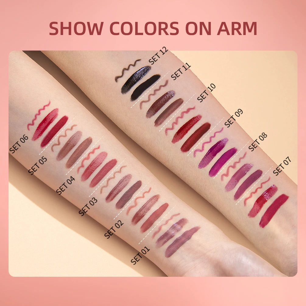 QIBEST 3-in-1 Matte Lipstick, Lip Liner & Gloss Set