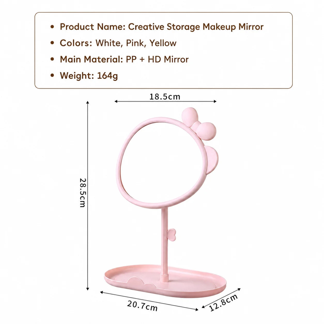 Cute Bowknot Desk Vanity Mirror with Storage Tray | 360°