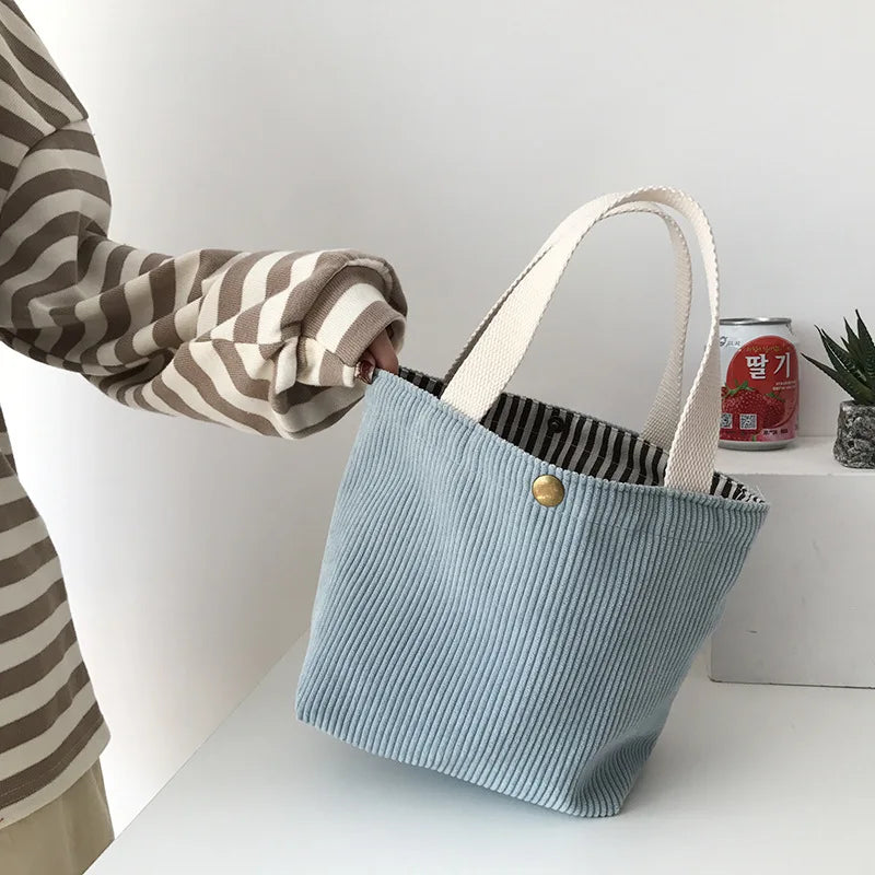 Lunch Bag Corduroy Canvas Lunch Box Drawstring Picnic Tote Eco Cotton Cloth Small Handbag Dinner Container Food Storage Bags Oasis Select Sky blue