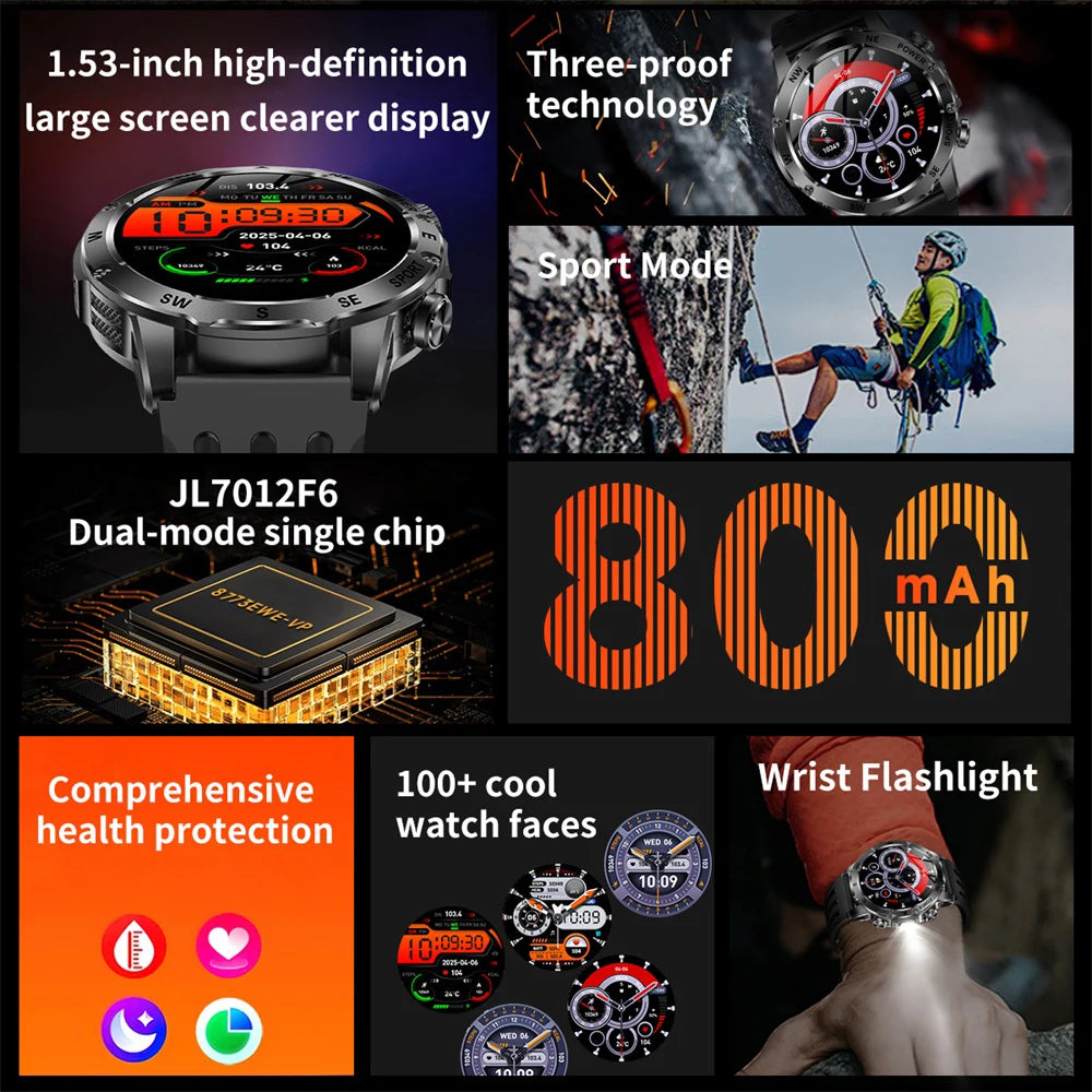 Outdoors Smart Watch Men Women 800Mah Battery IP68 Waterproof Health Music Smartwatch Flashlight Compass BT Call Sports Fitness Oasis Select