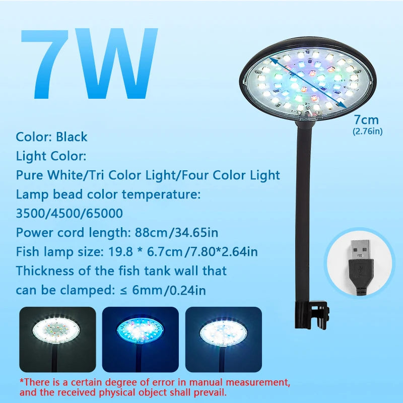USB Fish Tank Small Clip Light Water Grass Light LED 3/5/7W Color Changing Adjustable Light Splash Proof Restore Natural Colors Oasis Select CN Plug USB-7W (Black)