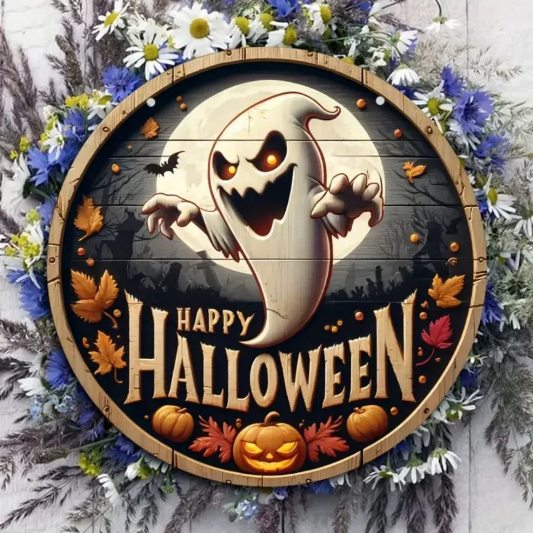 Halloween Wooden Wreath Logo Retro Pumpkin Head Horror Art Decoration Home Garden Courtyard Wooden Hanging Pendant Outdoor Props Oasis Select Style 4