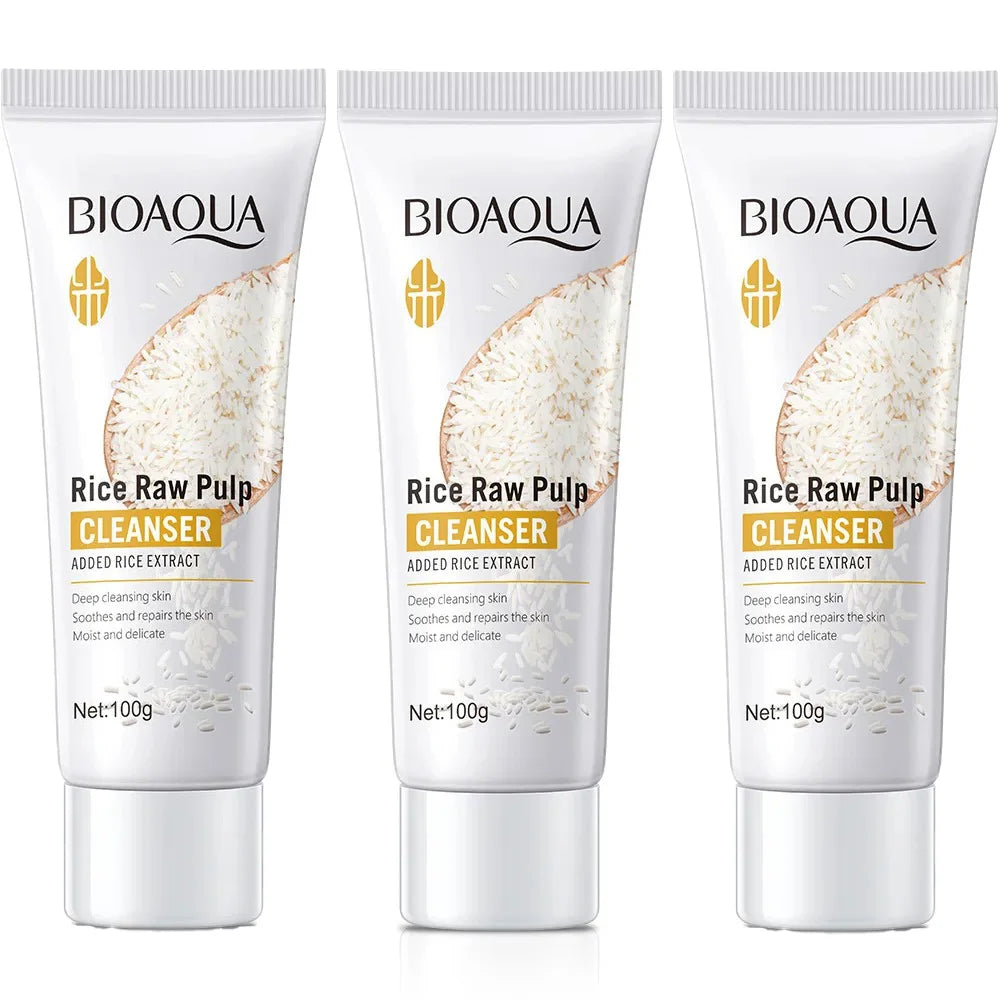 BIOAQUA Rice Raw Pulp Facial Cleanser Face Wash Foam skincare Moisturizing Skin Brightening Rejuvenation Face Cleanser Skin Care Oasis Select A-3PCS