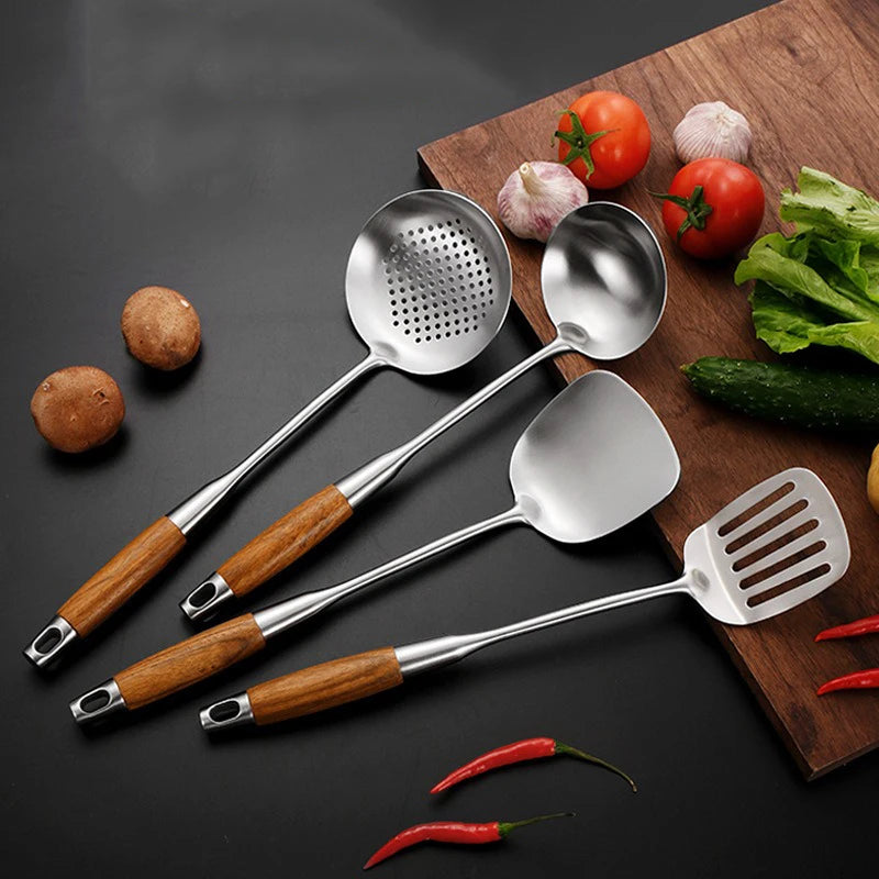 4-Piece Stainless Steel Cooking Utensil Set – Wooden Handle Cooking Utensil Set Oasis Select