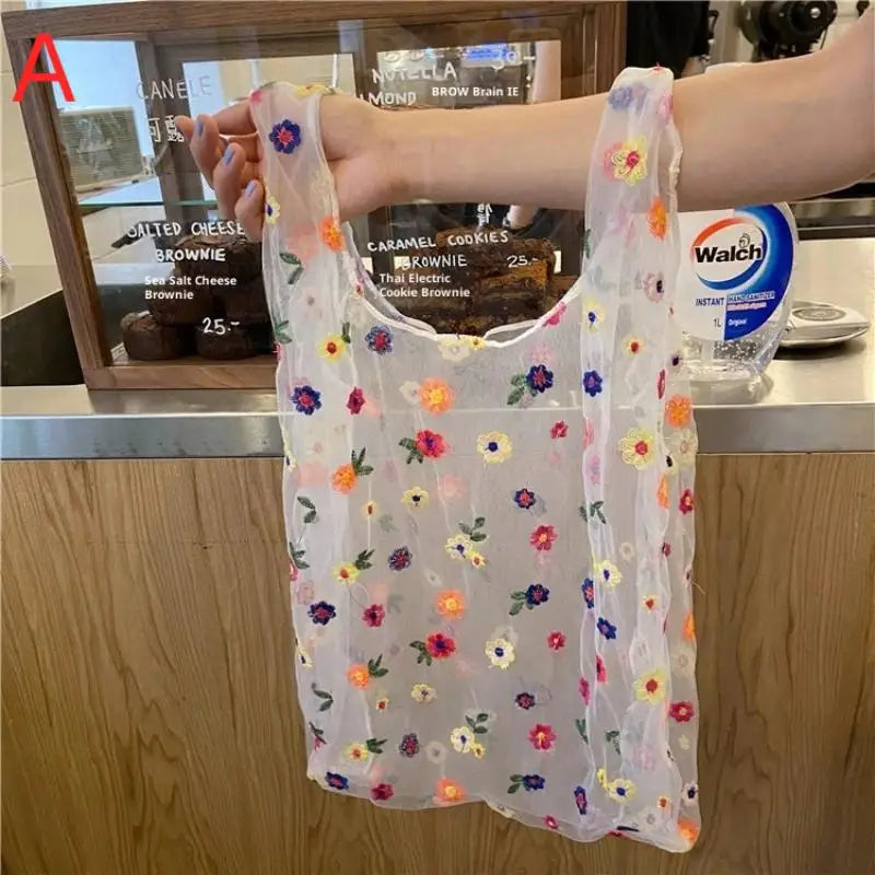 Mesh Embroidered Tote Bag with Colorful Flowers Perfect for Travel Home and Grocery Use Oasis Select A
