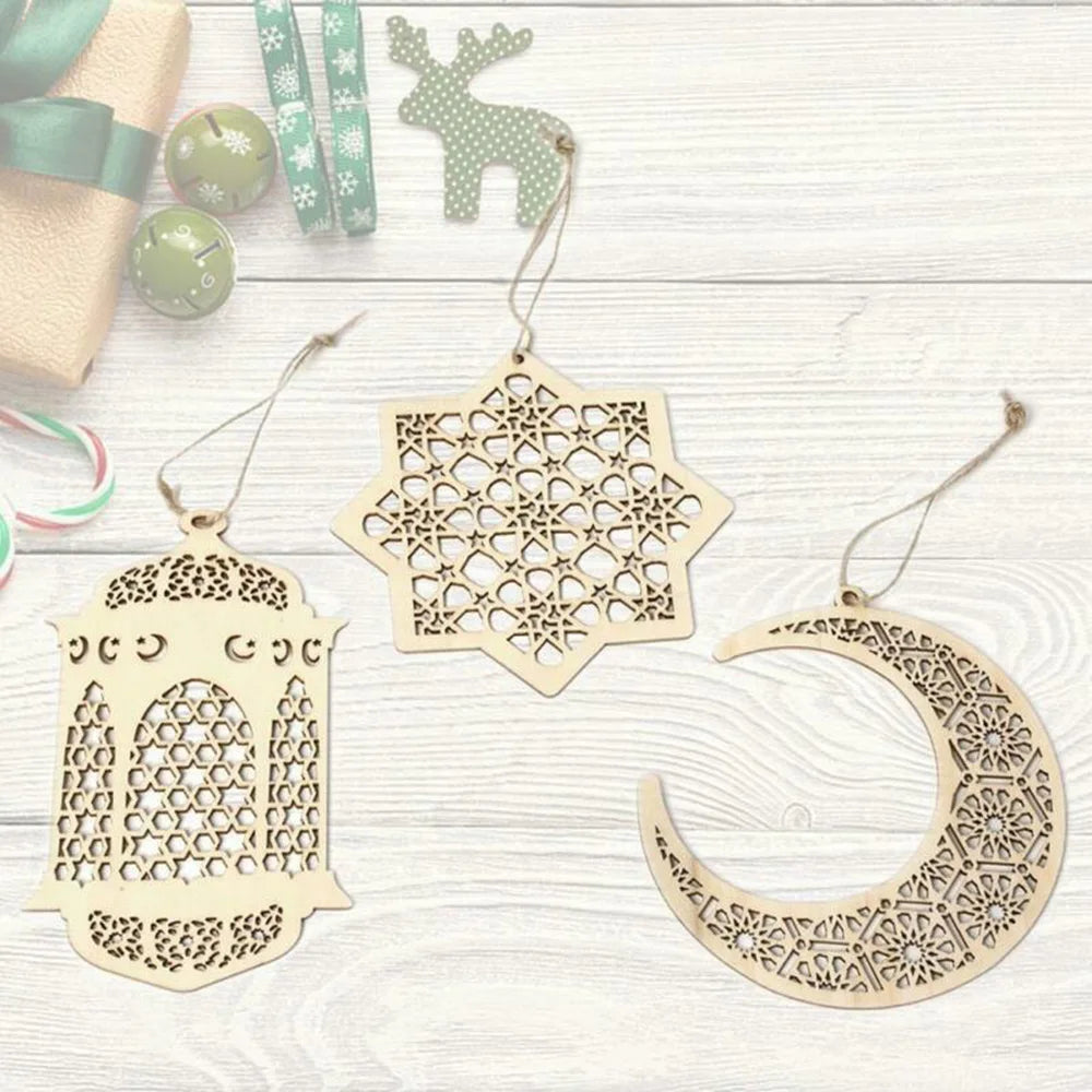 6 Pieces Wooden Hollow Pendant Ornaments For Eid Al-Fitr Ramadan Festival DIY Home Garden Decor Natural Craft Hanging Set Oasis Select