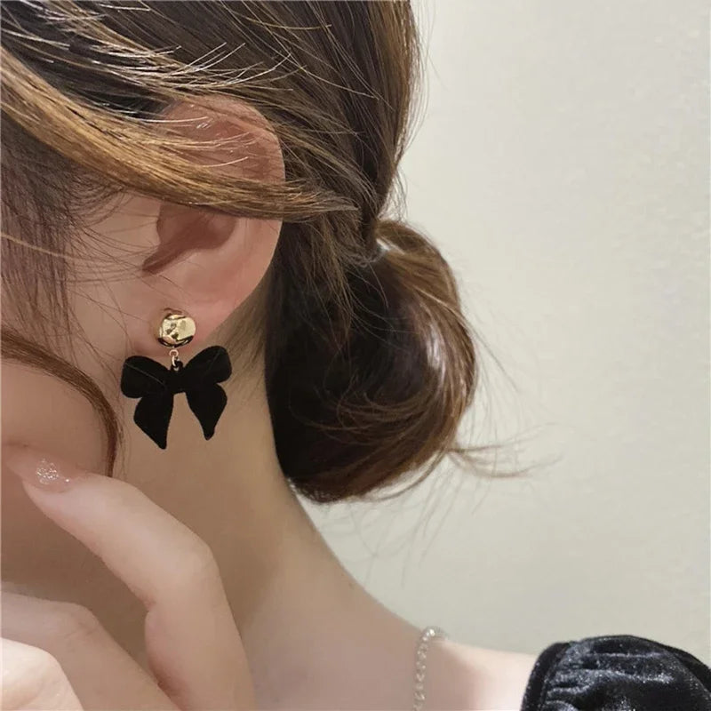 1pair Vintage Black Red Flocking Earrings Geometric Bowknot Stud Earrings For Women Fashion With Jewelry Accessories Oasis Select