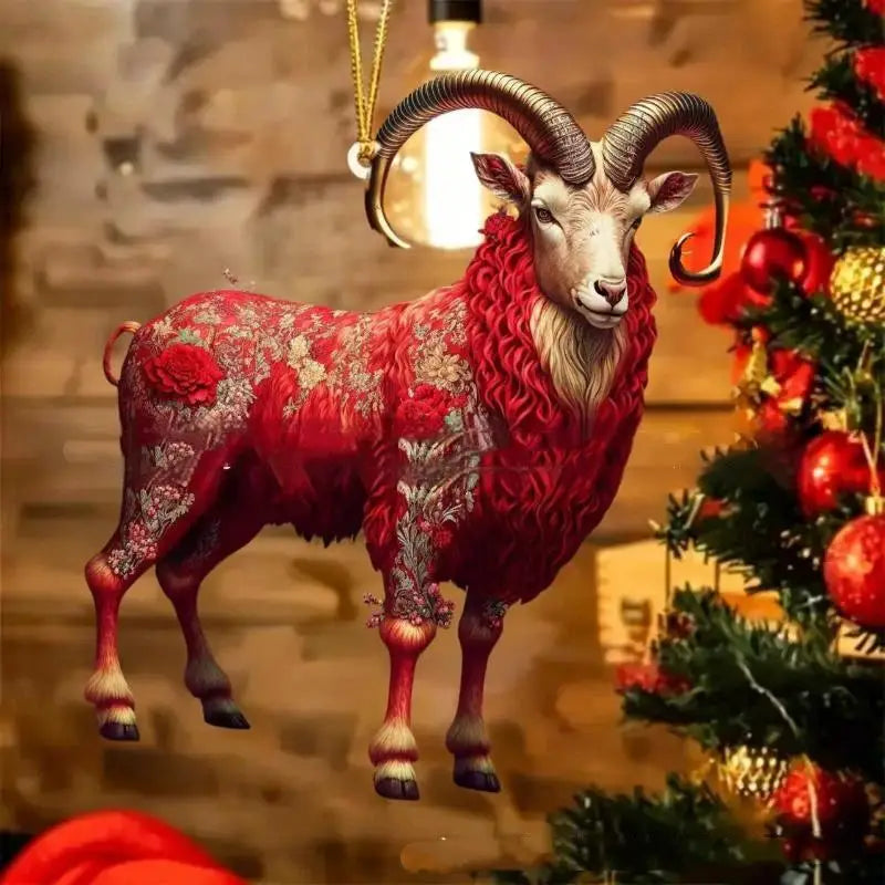Acrylic Chinese Zodiac Goat Ornament – Red & Gold Lunar Decor
