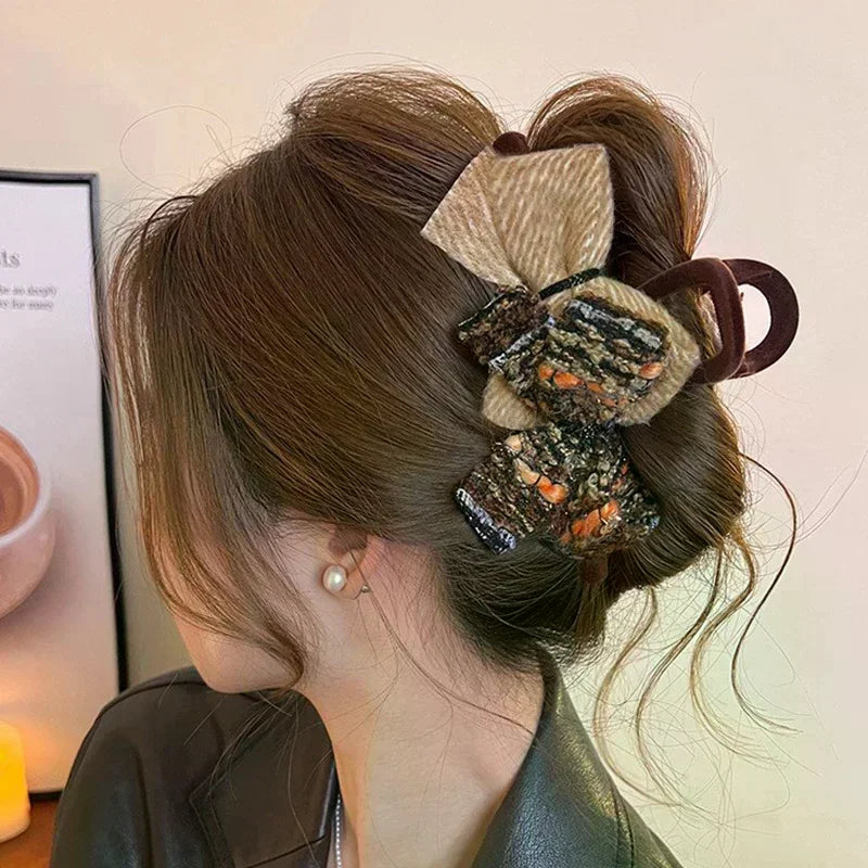 Retro Autumn And Winter Wool-blend Color-block Double Bow Hair Clip For Women Girls Large Shark Clip Hair Accessories Oasis Select