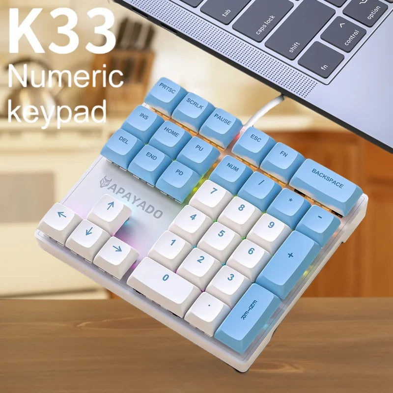 APAYADO K33 Mechanical Numeric Keyboard with Blue Shaft, Mini 33 - Key,PBT Keycaps and Vivid RGB Lights, Tailored for Accountin Oasis Select