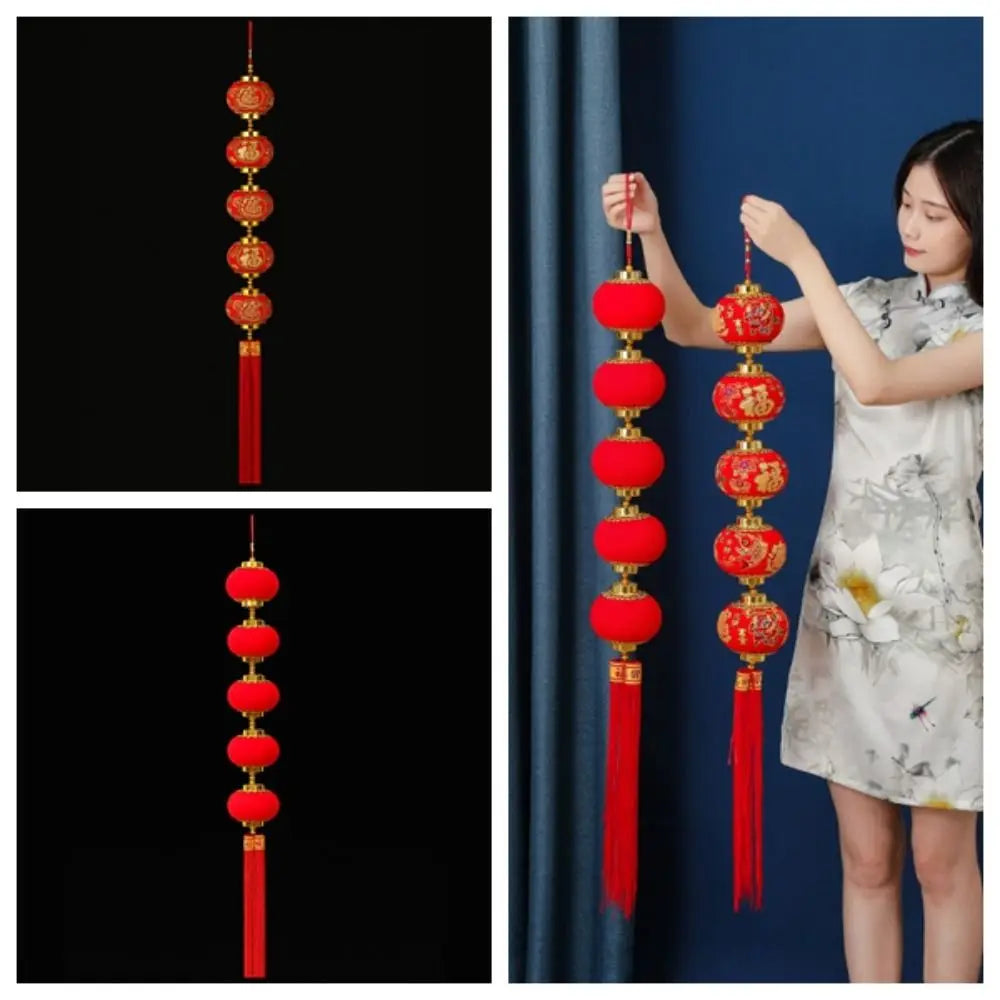 Chinese New Year Red Lantern Hanging with Tassels & Ball String