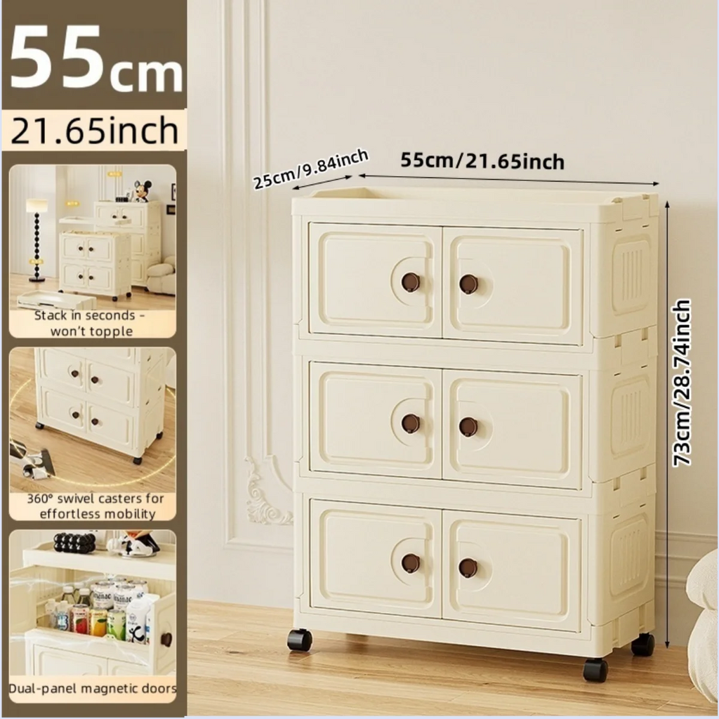 55cm Foldable Large Double-Door Storage Cabinet with Swivel Casters,3-6 Tier,Bedroom/Kitchen/Living Room Oasis Select Cream-3-Layers