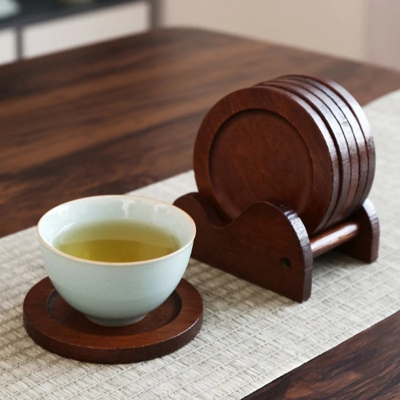 6Pcs Bamboo Coasters With Holder, Heat Resistant Non-Slip Round Insulated Mats For Hot Coffee Mugs Tea Cups Bowls Table Decor Oasis Select