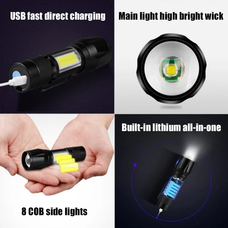 Mini UV LED Flashlight USB Rechargeable Waterproof 800LM Torch