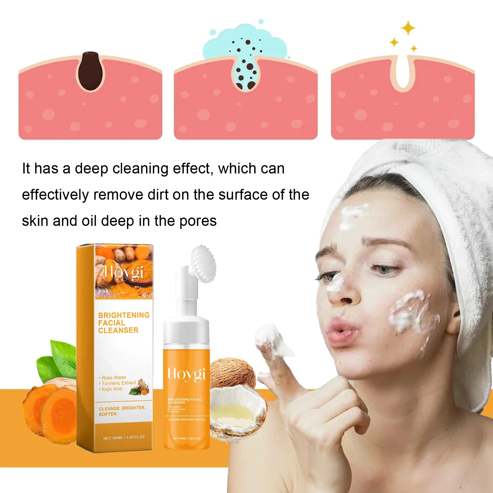 HOYGI Turmeric Kojic Acid Cleanser Foam Deep Clean Anti Acne Oil Control Fade Marks Blackhead Remover Brightening Face Was Oasis Select