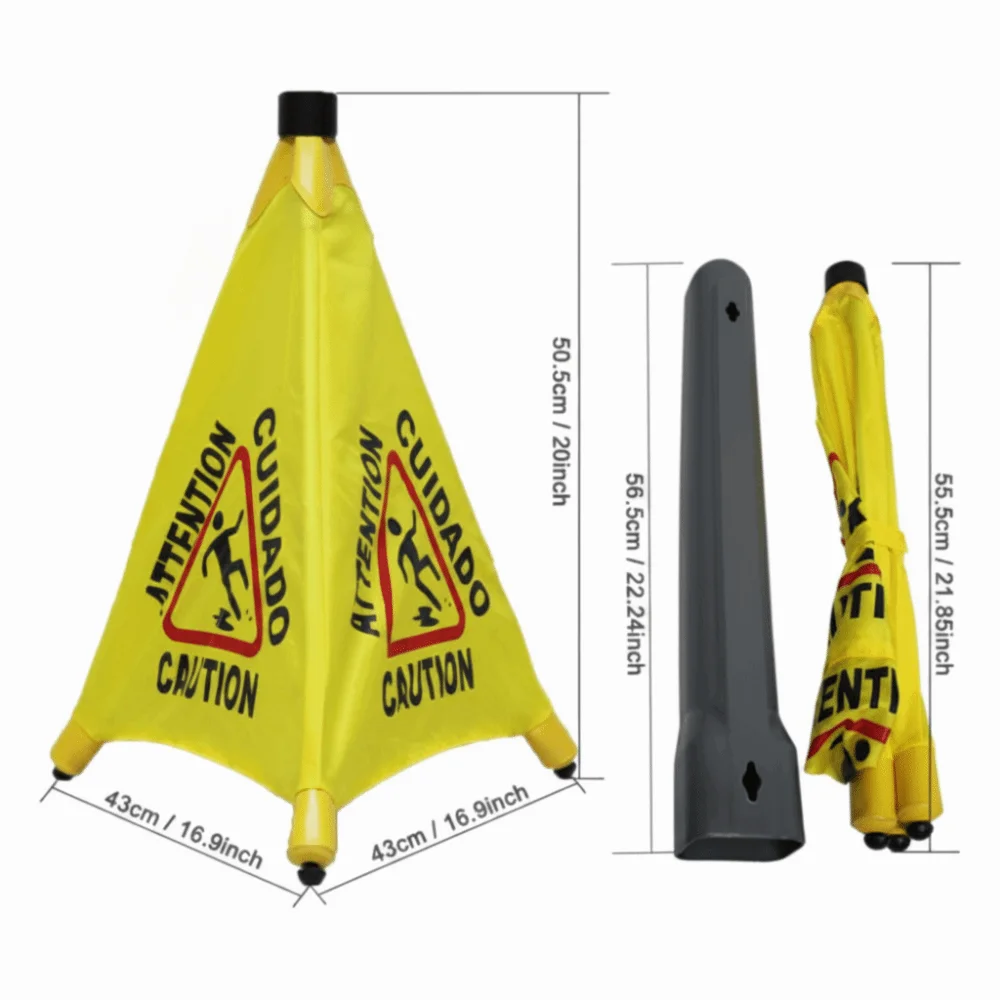 Triangular Cone-Shaped Caution Wet Floor Sign Wall Mounted Foldable Slippery When Wet Sign Pop-Up Design Multilingual Oasis Select Yellow