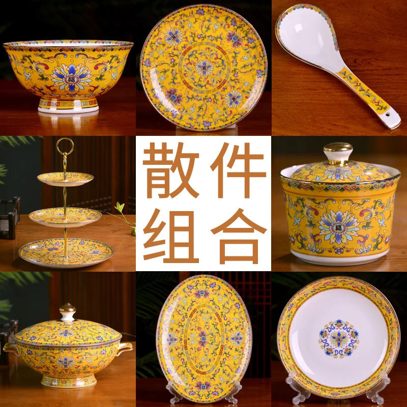 Jingdezhen Ceramic Bowl Household Bowl and Dish Set Tableware Combination Palace Chinese Bowl and Dish Hotel Clubhouse Oasis Select