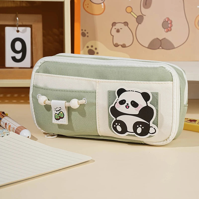 Panda Pencil Bag Green Multi-Layer Large Capacity Pensil Case Cute Cartoon Pen Holder Stationery School Supplies Gift Organizer Oasis Select A4