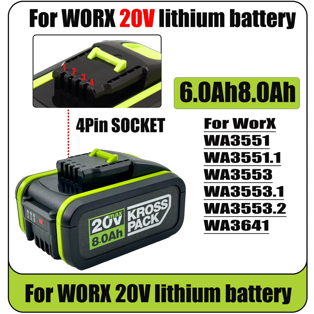 20V 6.0/8.0/Ah rechargeable lithium battery for power tools, suitable for Worx WA3553 35514 Oasis Select