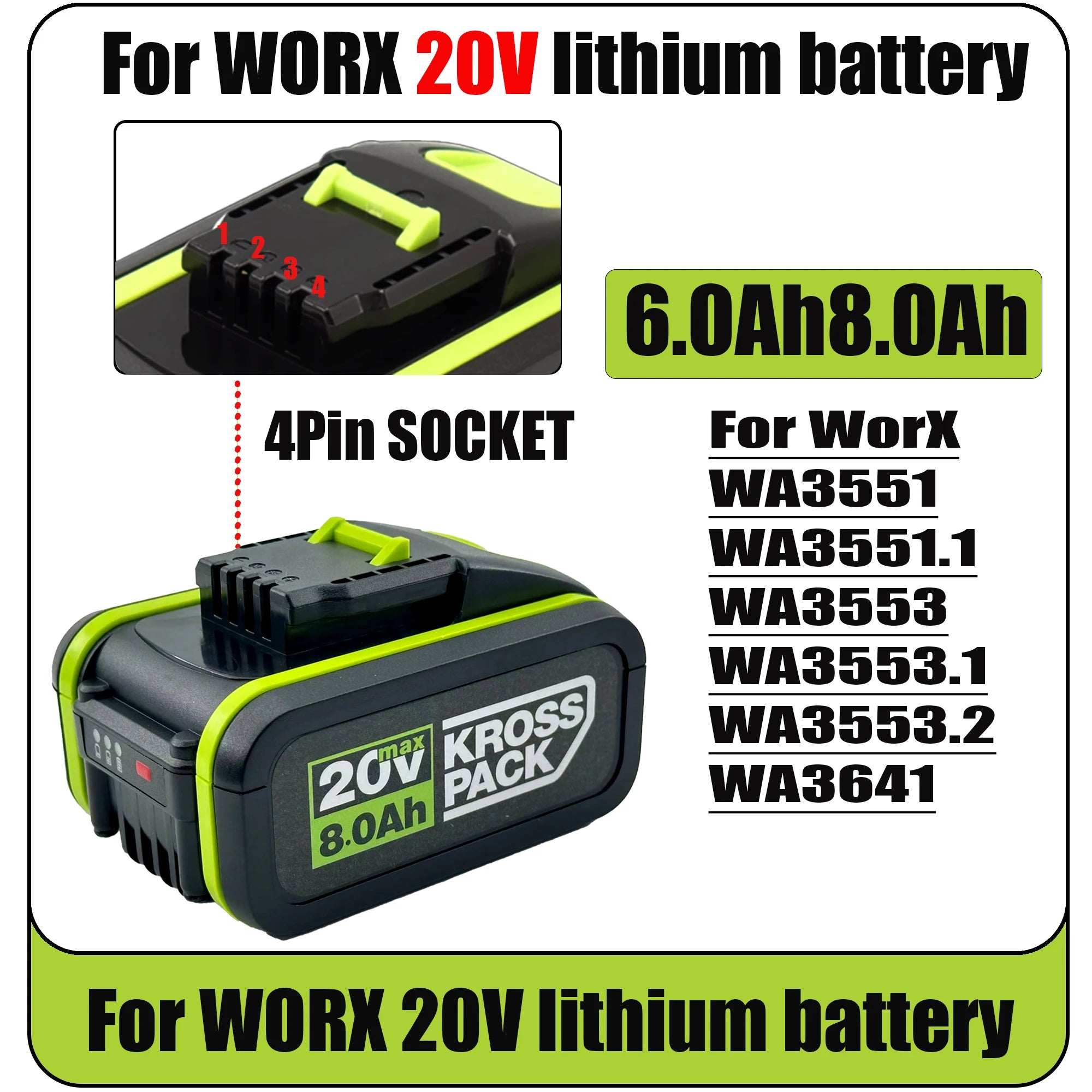 20V 6.0/8.0/Ah rechargeable lithium battery for power tools, suitable for Worx WA3553 35514 Oasis Select