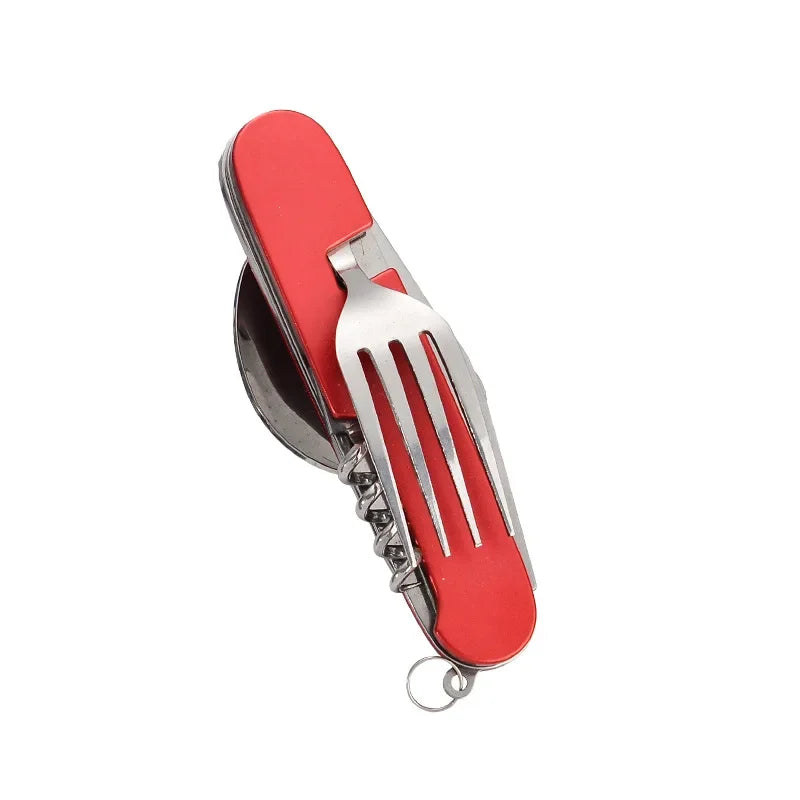 Foldable Spoon Knife Fork Bottle Tablespoon Set 4 in 1 Bottle Opener Stainless Steel Folding Pocket Kits Outdoor Camping Utensil Oasis Select Red