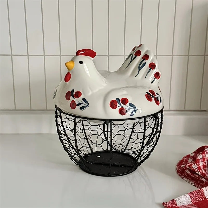 1pc Farmhouse Hen-Shaped Ceramic Egg Baske -Ceramic Egg Holder with Lid,Rustic Kitchen Organizer for Fruits/Veggies Oasis Select Cherry Blossom
