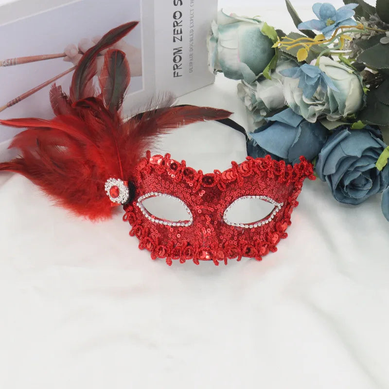 Feathers Sequins Half-Face Mask Masquerade Removable Feather Decor Venetian Mask Halloween Cosplay Party Costume Accessory Oasis Select Red